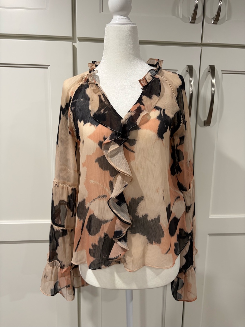 Tart Ruffle-Front Sheer Blouse in Blush, Black and Beige